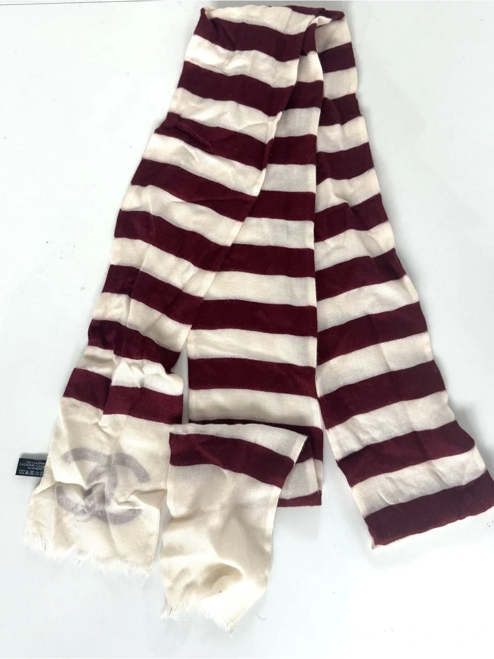 CHANEL Cashmere Burgundy and Cream Striped Logo Scarf 2009-2010 cruise collectio